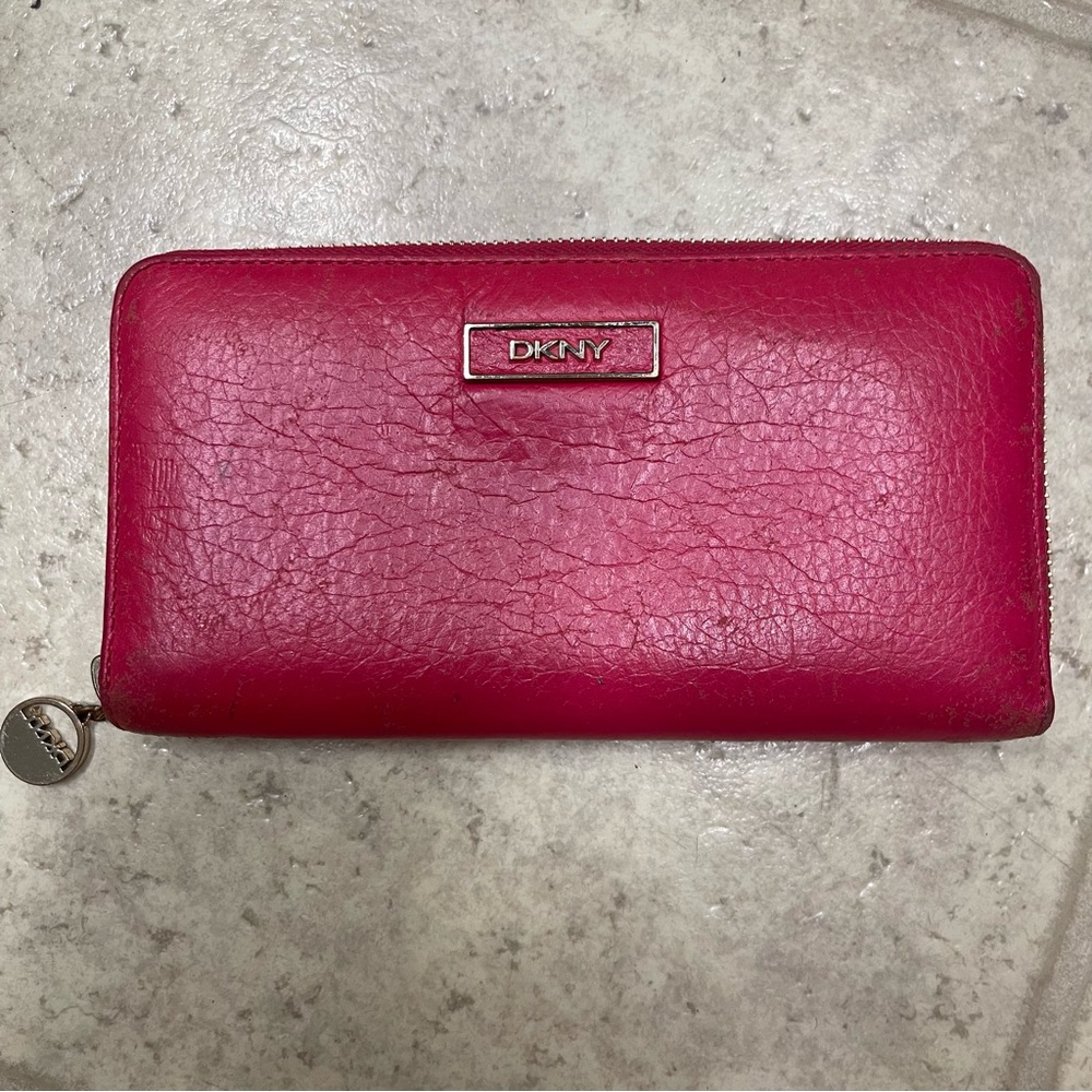 DKNY Fuchsia Leather Zip-Around Wallet with Logo Plaque